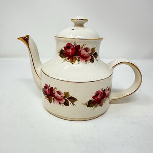 Vintage Arthur Wood Teapot Glaze Pink Red Roses Gold Trim England - Crazing